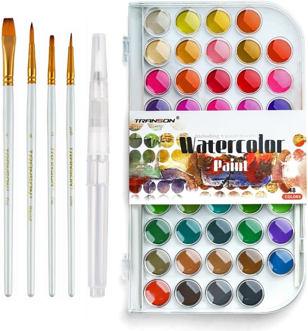 48 Colors Watercolor Paint Set with 4pcs Paint Brushes and 1pcs Water Brush Pen for Adults, Students, Beginners and Artists